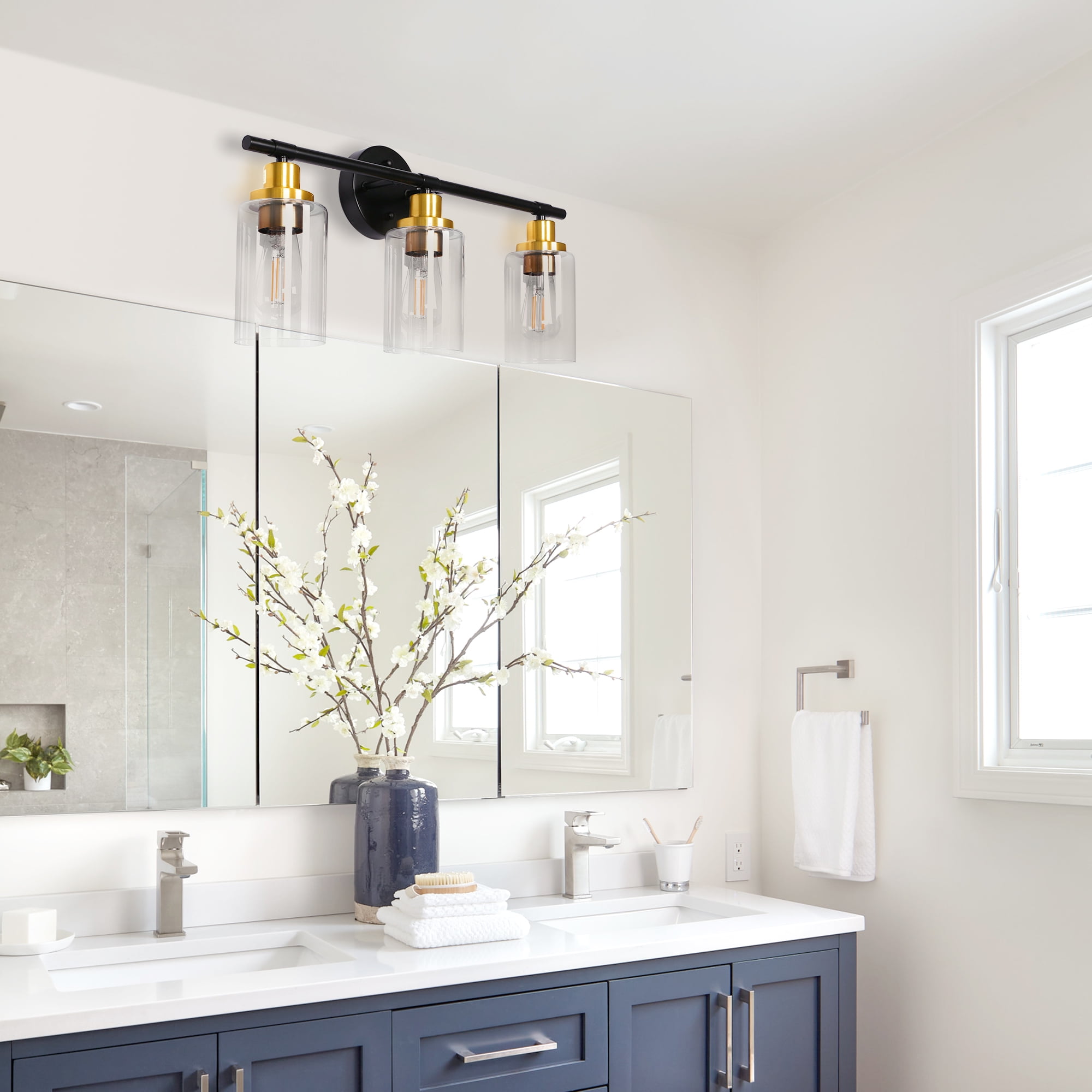 Black Vanity Lights for Bathroom 3 Lights Industrial Wall Mounted Over Mirror Wall Lights with Glass Cover