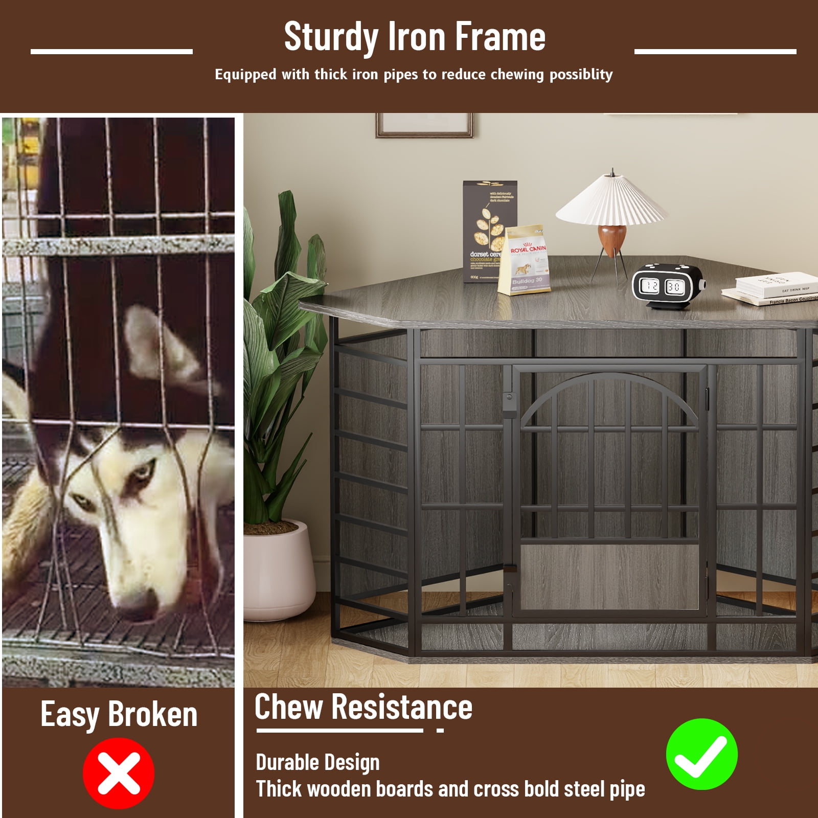 Fowroa 52 Inch Wooden Corner Dog Crate Furniture, Indoor Decorative Dog Kennel for Medium & Large Dogs, Brown