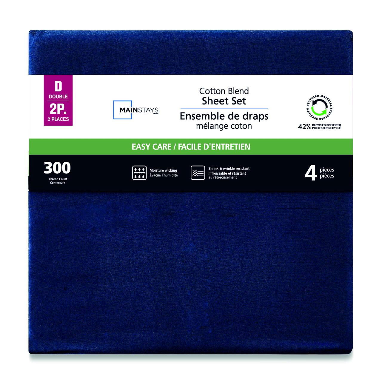 Parure de lit 4 pièces Mainstays en mélange de coton CVC bleu 300 fils, très grand lit (adulte)