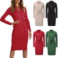 thumbnail image 4 of Vestido de suéter para mujer, de punto acanalado, cuello vuelto, abotonado, con cinturón, vestido de Abanopi Negro/Medio, 4 of 7