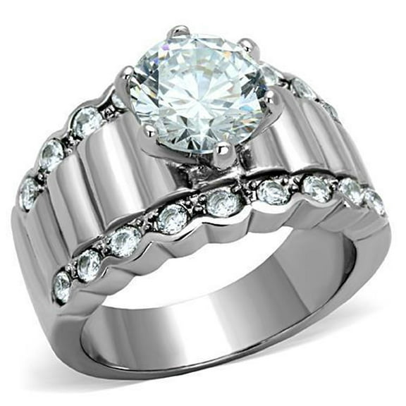 Women's High Polished Stainless Steel Engagement Ring with 8.5 mm AAA Cubic Zirconia - Size 10