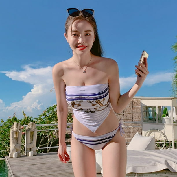 Tongliya Sailor style free split swimsuit small chest thin hollow bikini  swimsuit female Jinluoqi swimsuit white L 