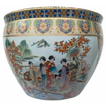 Chinese Porcelain Fishbowl Planters in Satsuma Geishas (14" W x 11" H | Base 9.25") - Oriental Furniture Warehouse