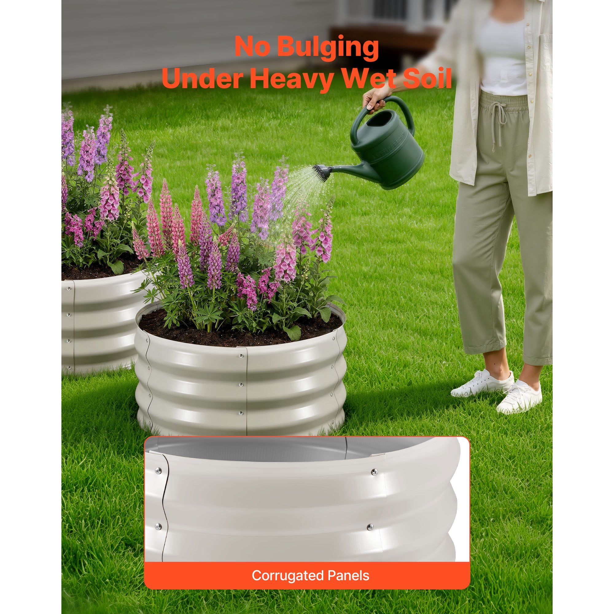 KFFKFF Set of 3 Galvanized Metal Raised Garden Beds, 2 x 2 x 1 ft, Round Planter Boxes for Outdoor Use, Bottomless Design with Gloves, Alu-Zinc Material, Ideal for Growing Flowers, Vegetables, Beige