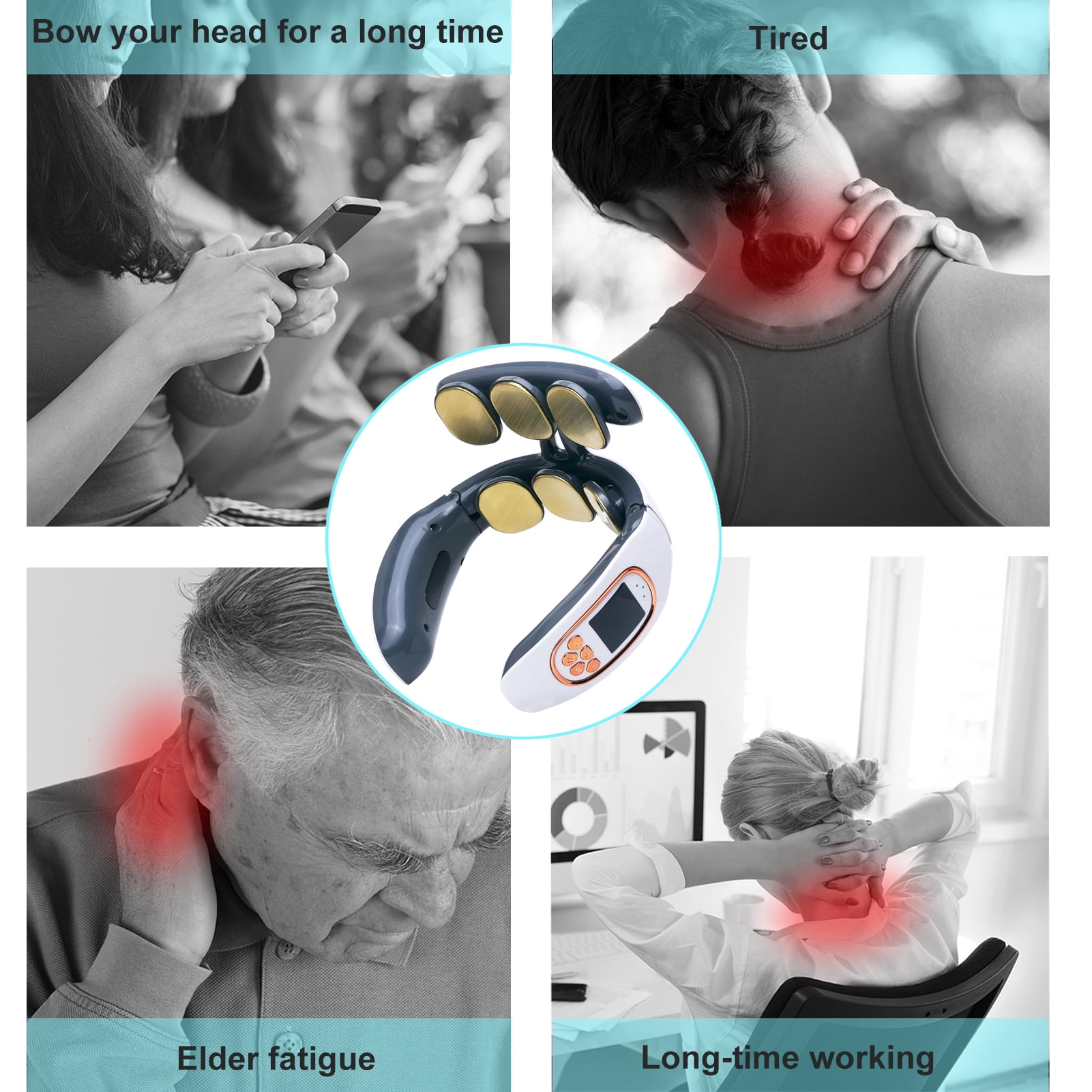 Electric Neck Massager with Heat - Intelligent Pulse Neck and Shoulder Pain Relief Massager Cordless Deep Tissue Trigger Point Massager for Women and Men (6 Pads)
