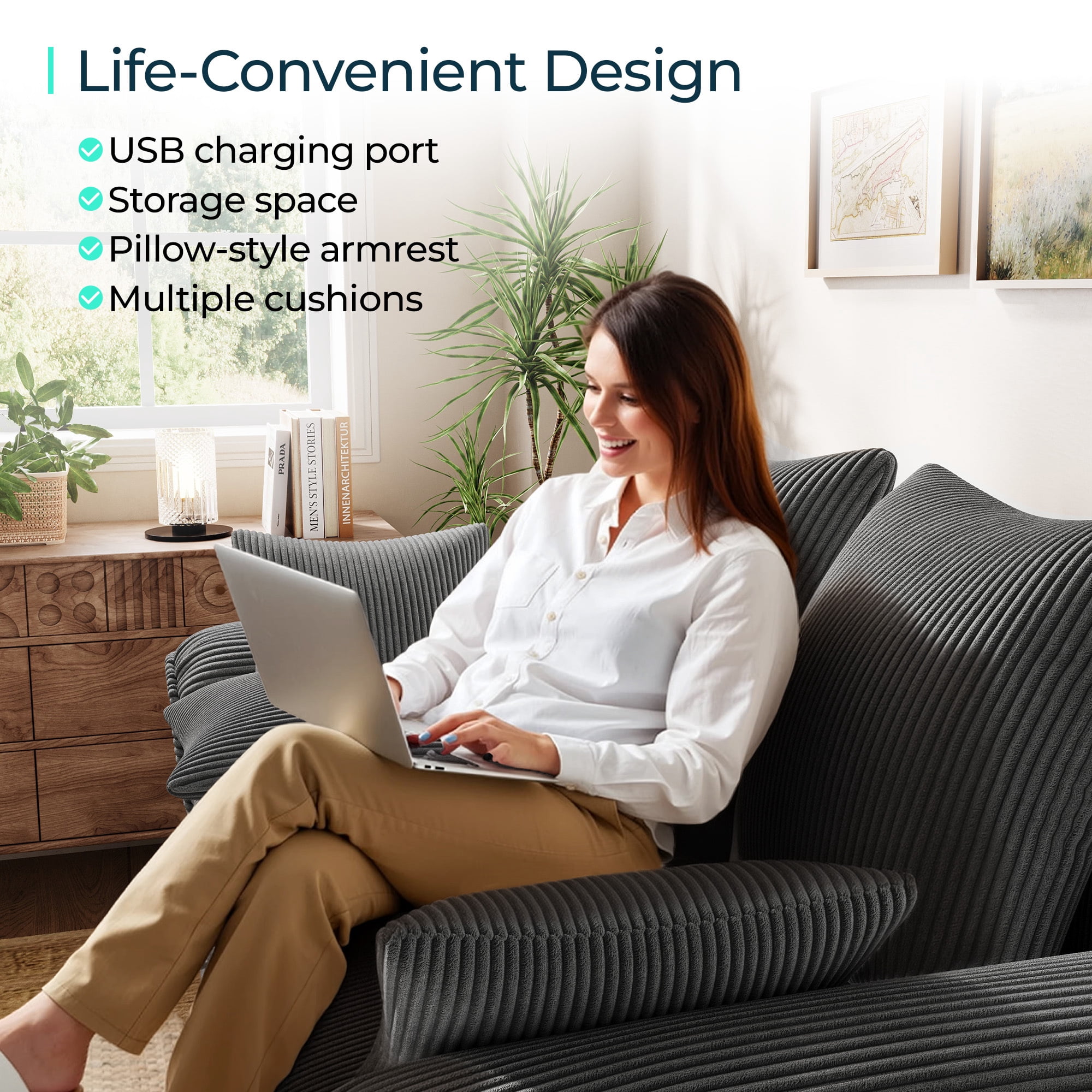 LINSY HOME Oversized 119" Sleeper Sofa Bed with Reversible Storage Chaise, Pull Out Couch Bed with USB, Side Pocket & Two Pillows, Grey