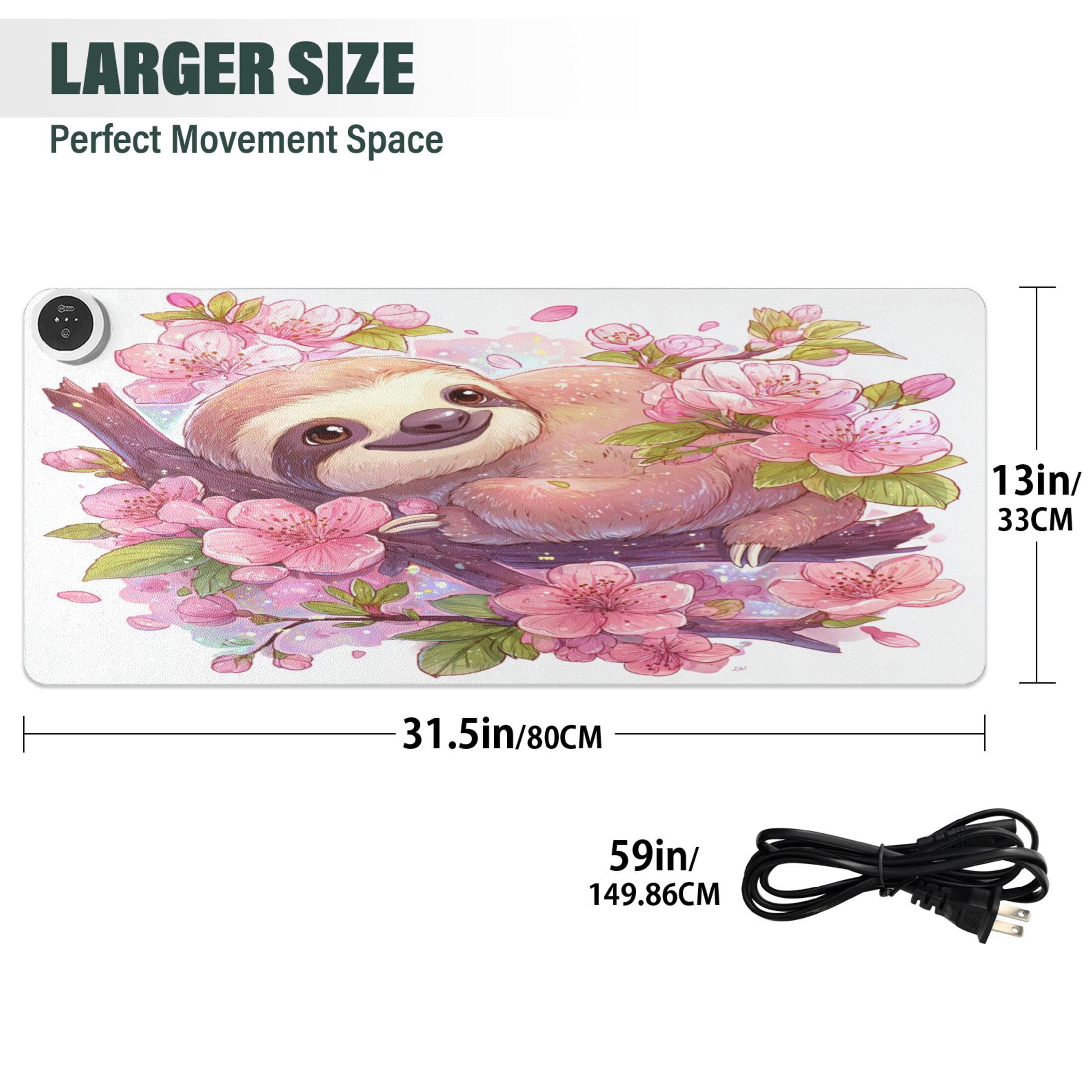 Large Heated Desk Mat Mouse Pad 31.5"x13"PU Leather Graphene Heating Desk Warmer with 3 Temperature Settings 110V US Plug Non-Slip Warm Pad for Home, Office, and Gaming Sloth in Cherry Blossoms