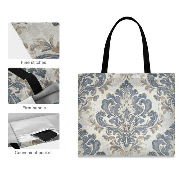 Canvas Tote Bag for Women Girls Design Print Elegant Blue Floral Damask Tote