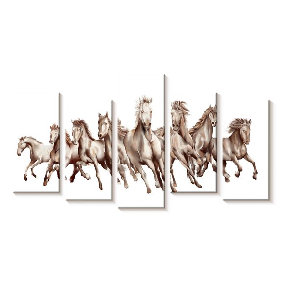 Elephant Stock 8 Horses Wall Art - Horizontal Multi Panel Canvas - Living Room Wall Decor - Animal Multi Panel - White And Gray Decor - 25" x 12"