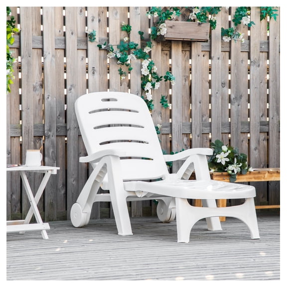 Outdoor Chaise Lounge Chair, Waterproof Folding Pool Lounger with Wheels, 5 Adjustable Positions, White