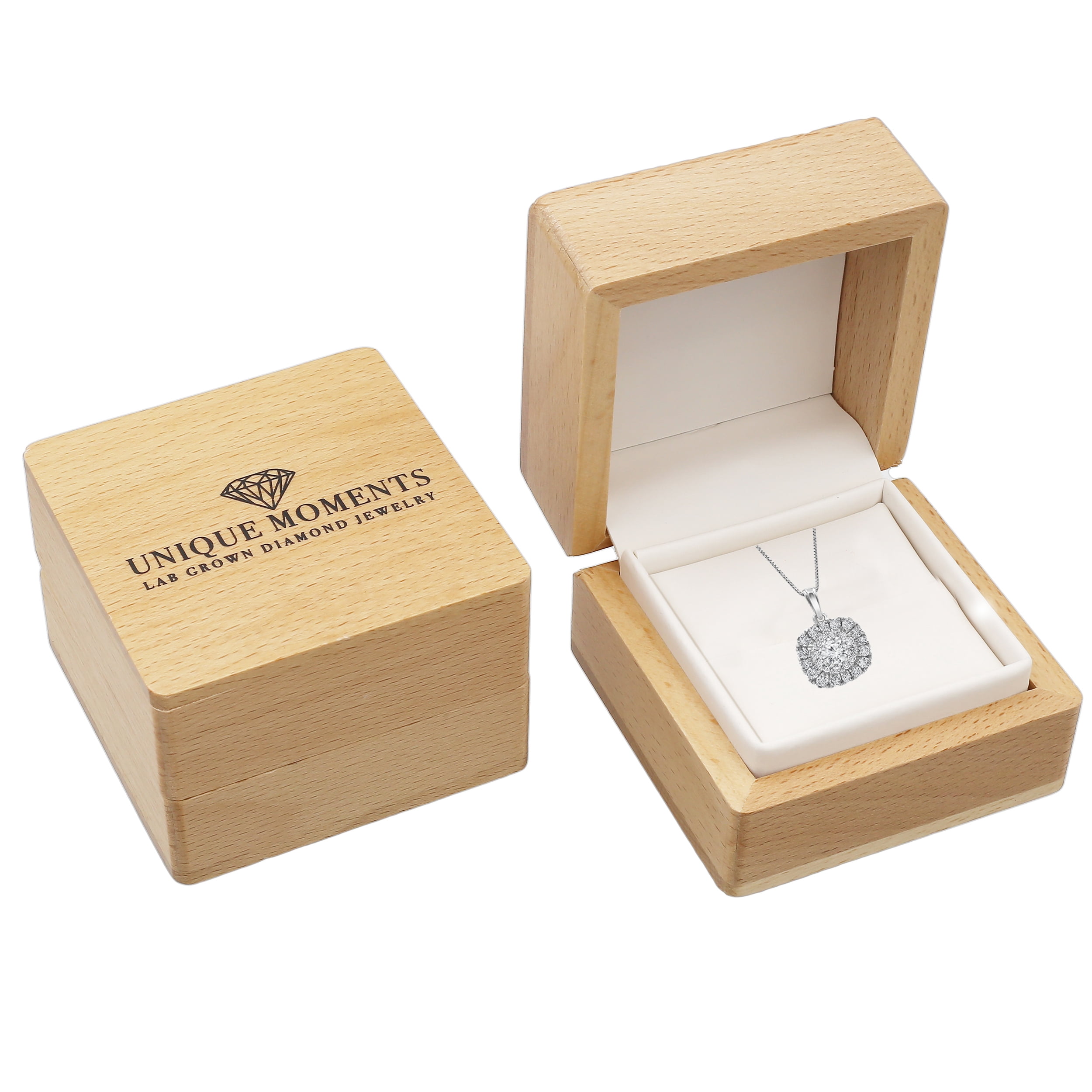 Unique Moments 1.00 ct Lab Grown Diamond Cushion Halo Pendant Necklace in 14K White Gold (G-H, SI1-SI2), 18"
