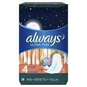 ALWAYS Ultra Thin Size 4 Overnight Pads With Wings Unscented, 28 Count