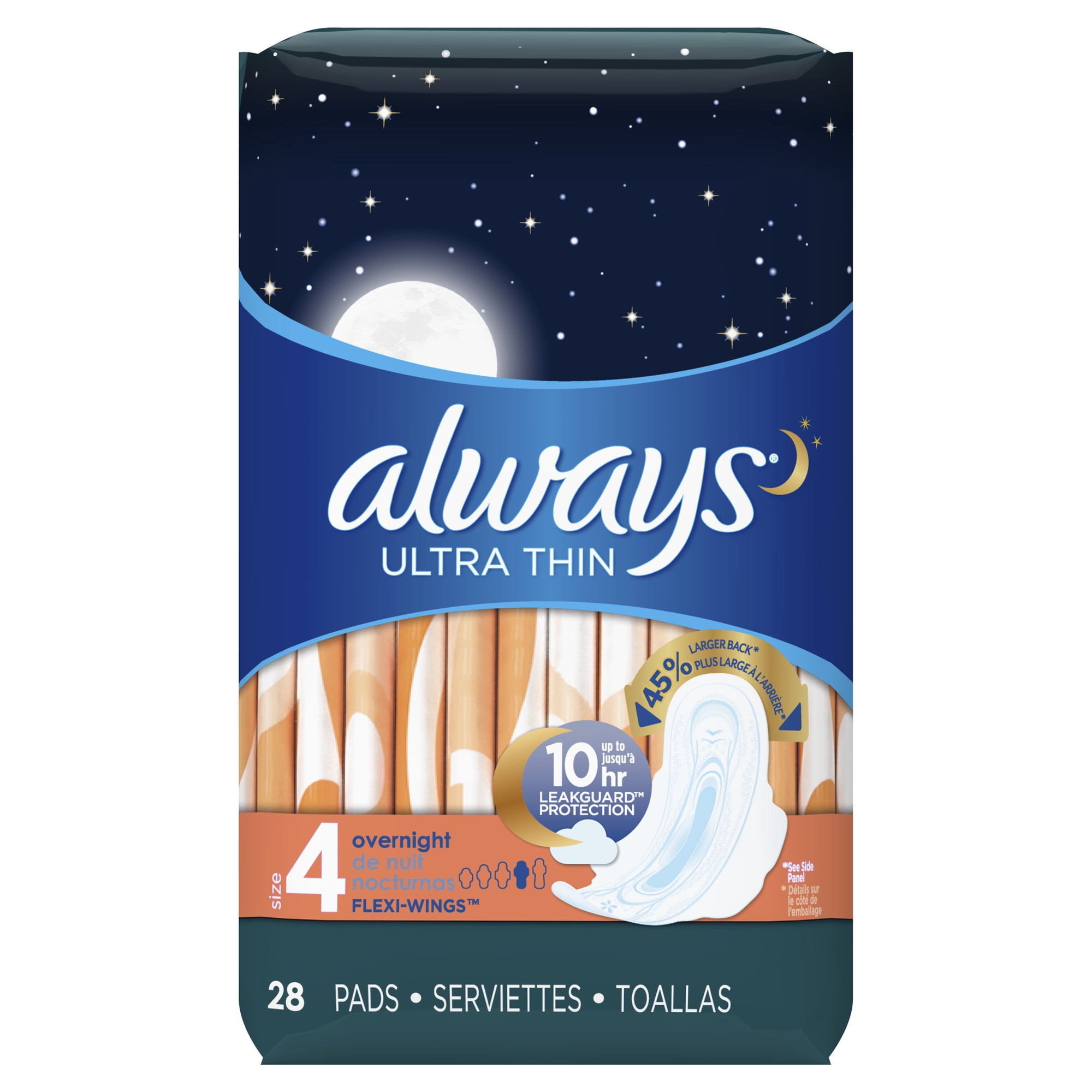ALWAYS Ultra Thin Size 4 Overnight Pads With Wings Unscented, 28 Count