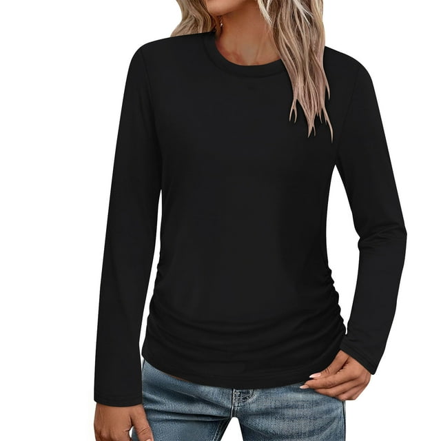 biudgviw Chemises à Manches Longues pour Femmes Col Rond Tunique d'Automne Hauts Décontractés Légers Plissés Travail Bureau T-Shirts Basiques