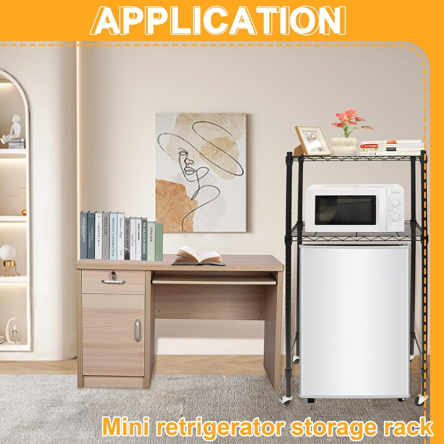2 Tier  Fridge Shelf with Wheels, Adjustable Over Refrigerator Storage Stand for Dorms and Kitchens