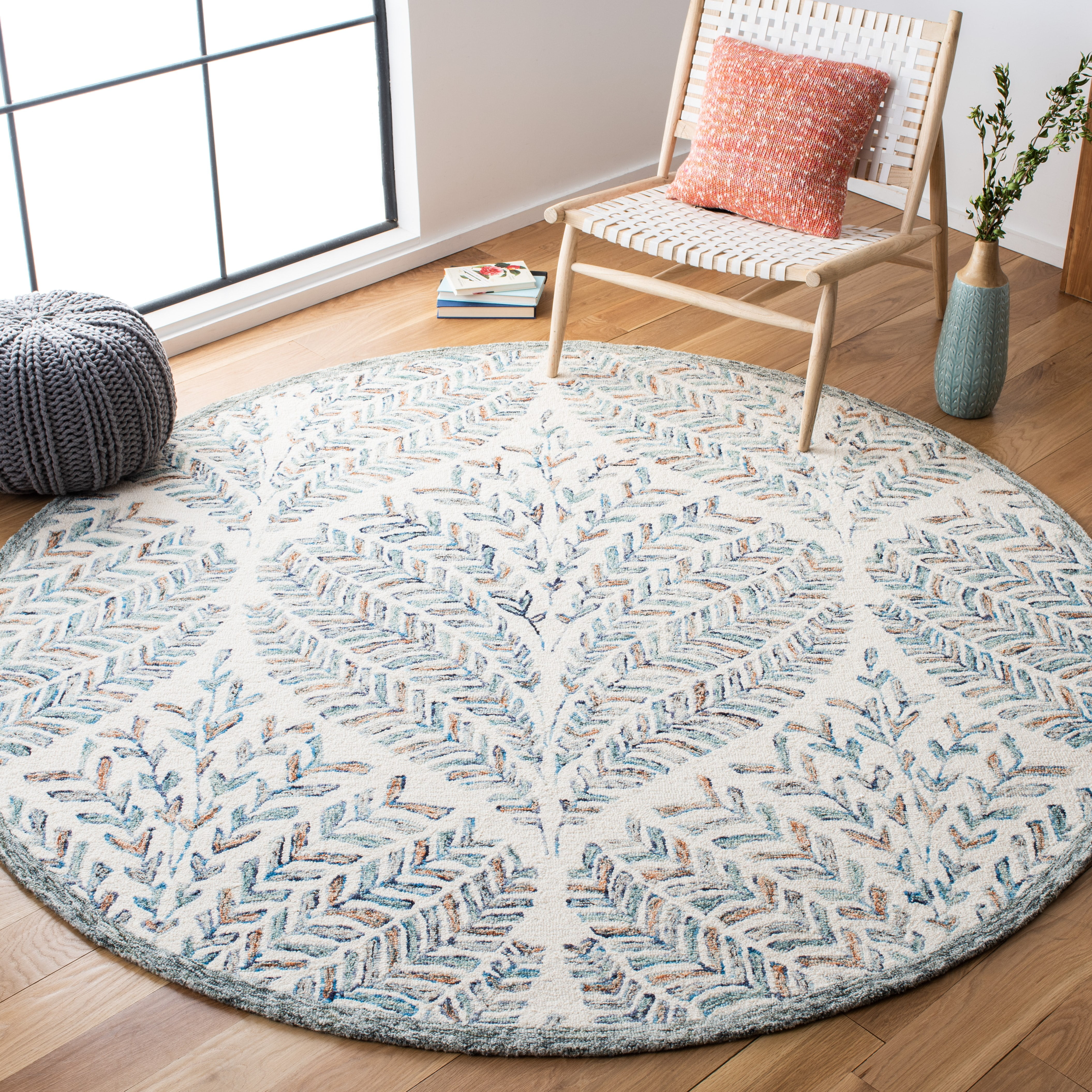 SAFAVIEH Capri Proinsias Leaves Wool Area Rug, Ivory/Blue, 11' x 11' Round