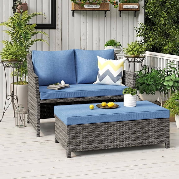 2-Piece Outdoor Patio Furniture Set: Wicker Love Seat and Coffee Table with Storage Bin, Grey Rattan Frame, Navy Blue Cushions
