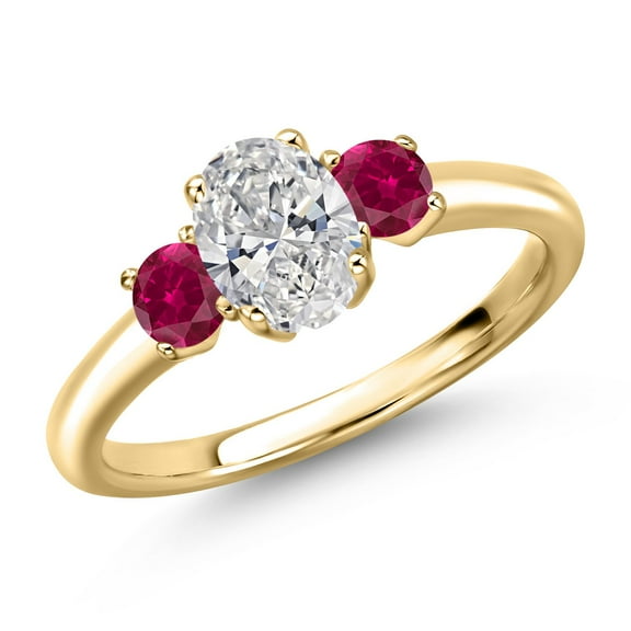 Gem Stone King 10K Yellow Gold DEF Lab Grown Diamond and Red Created Ruby Engagement Ring for Women | 1.20 Cttw | Oval 7X5MM | Gemstone April Birthstone | Size 7