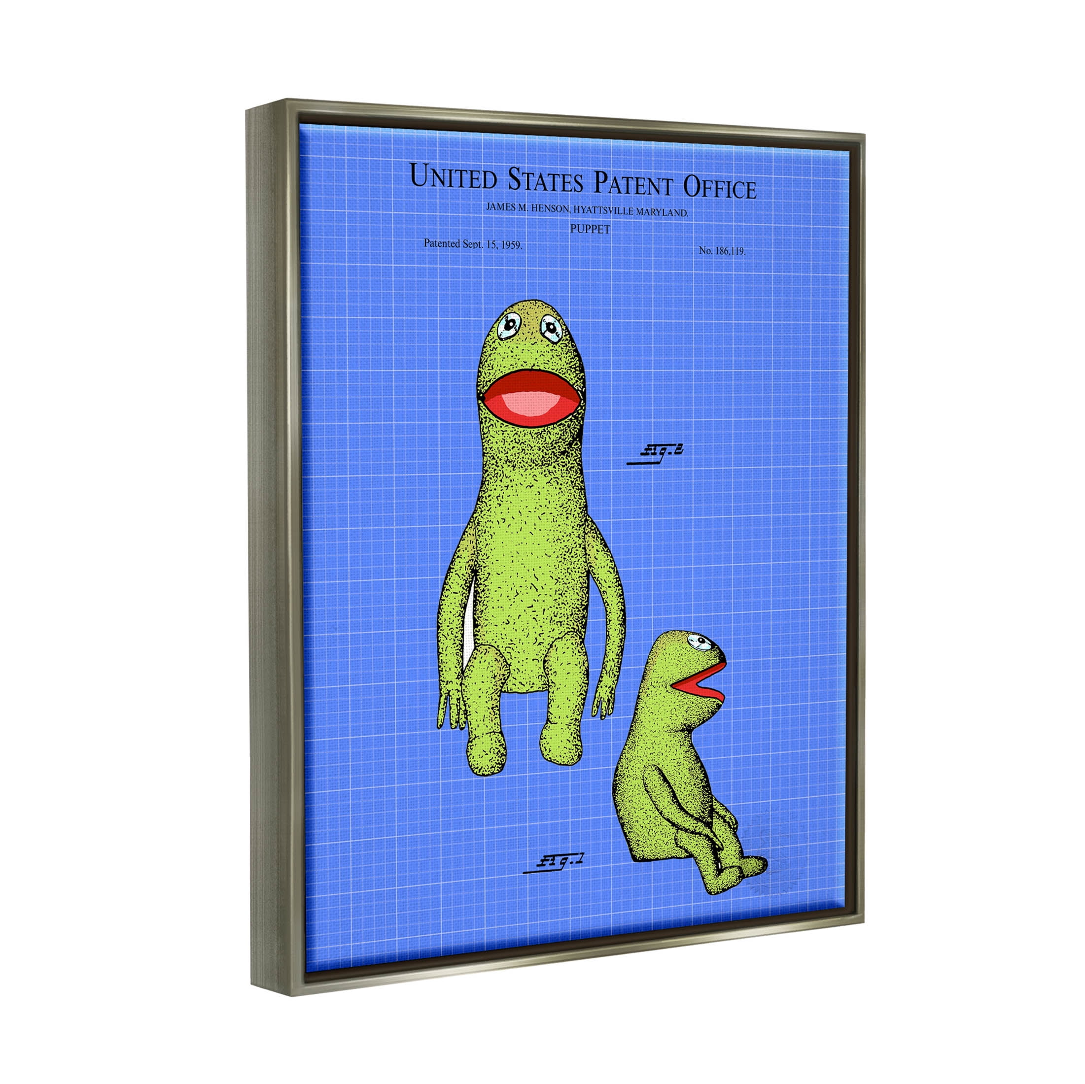 Stupell Industries Frog Puppet Character Blueprint Graphic Art Luster Gray Floating Framed Canvas Print Wall Art, Design by Karl Hronek