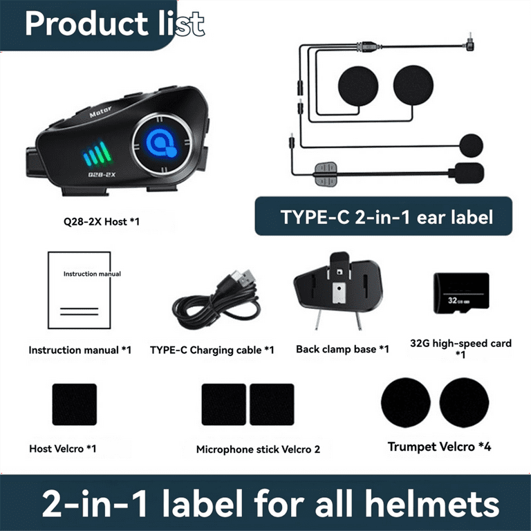 Q28-2X Helmet Headset WIFI Bluetooth, HD 1080P Driving Recorder
