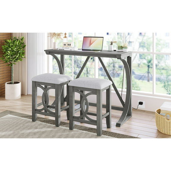 YIYADO 3-Piece Farmhouse Counter Height Dining Table Set, Wooden Kitchen Table Set with USB Ports and 2 Upholstered Stools for Small Places, Gray