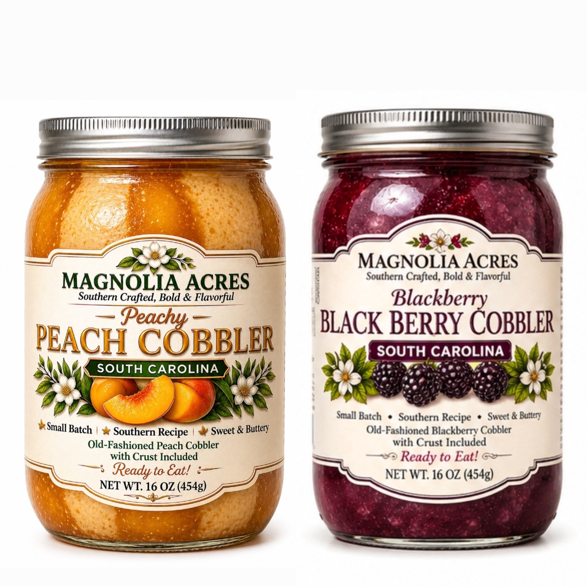 Magnolia Acres Peach Cobbler and Blackberry Cobbler Southern Fruit Dessert Jar 2 Pack 16 oz