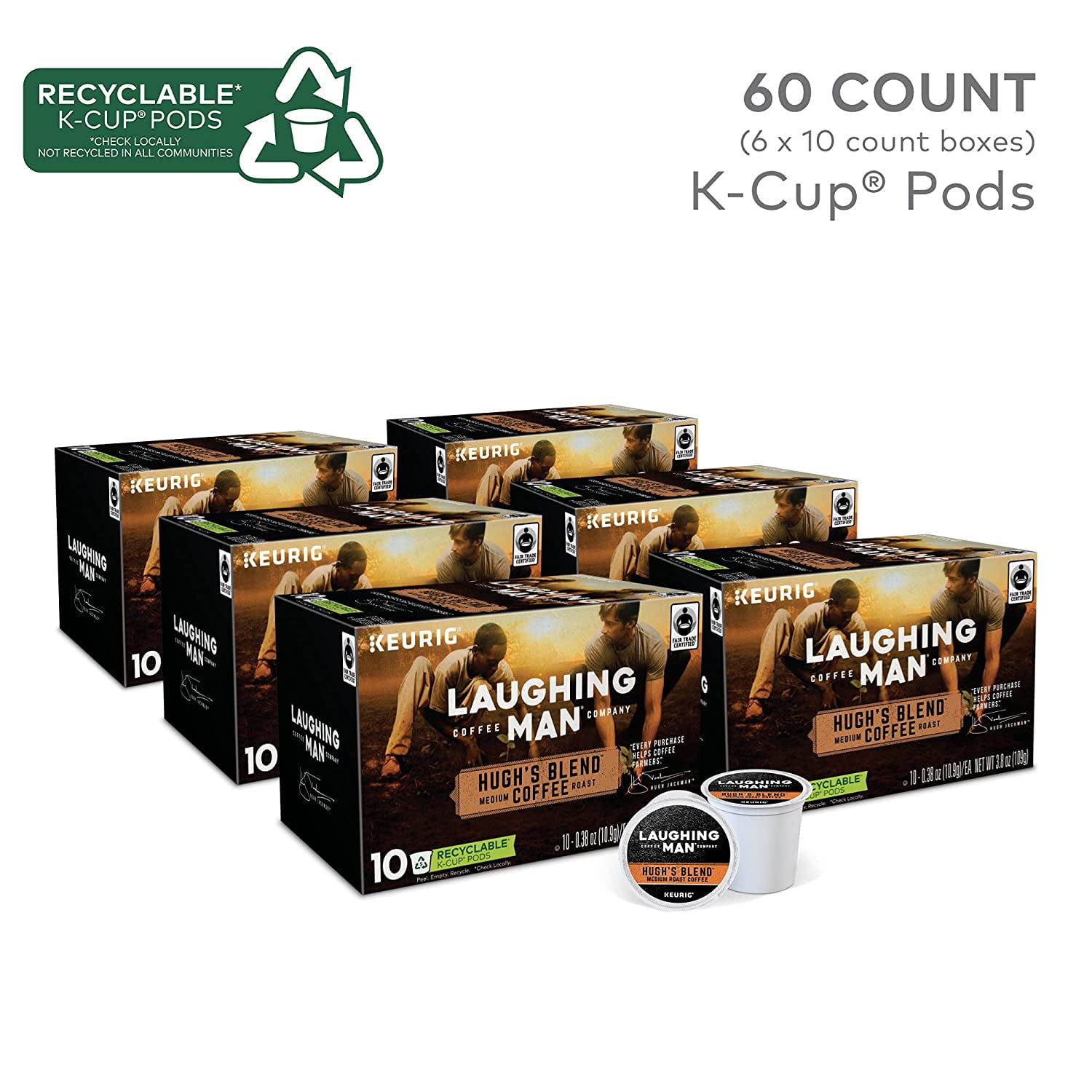 Laughing Man Hugh's Blend Keurig Single-Serve K-Cup Pods, Medium Roast Coffee, 60 Count (6 Packs of 10)