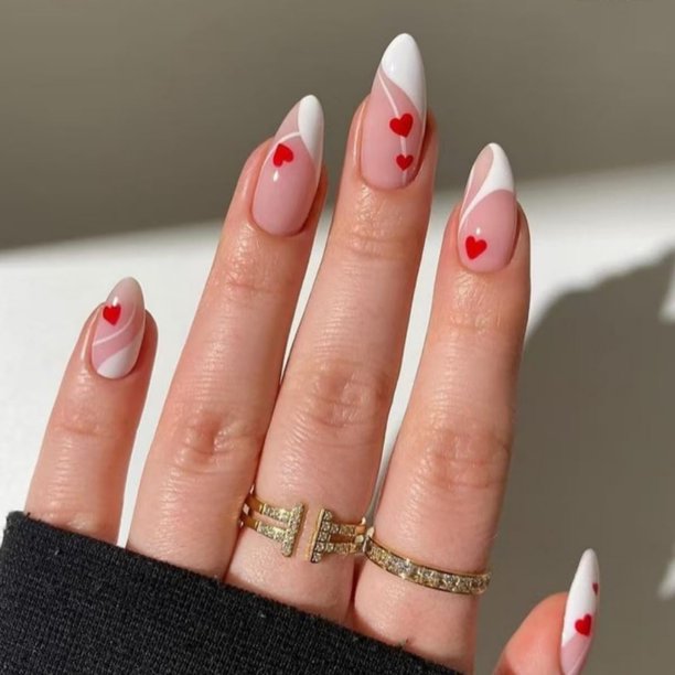 Uñas postizas press on Rokhevn Valentine forma almendra mediana con corazón, 24 piezas