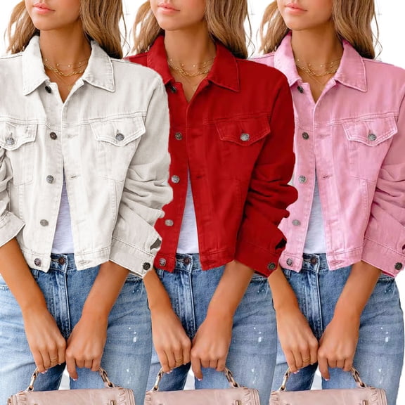 LYMAYTER Women Fashion Jacket Washed Button Up Cropped Short Denim Jacket Spring/Summer Long Sleeve Coats S-3XL