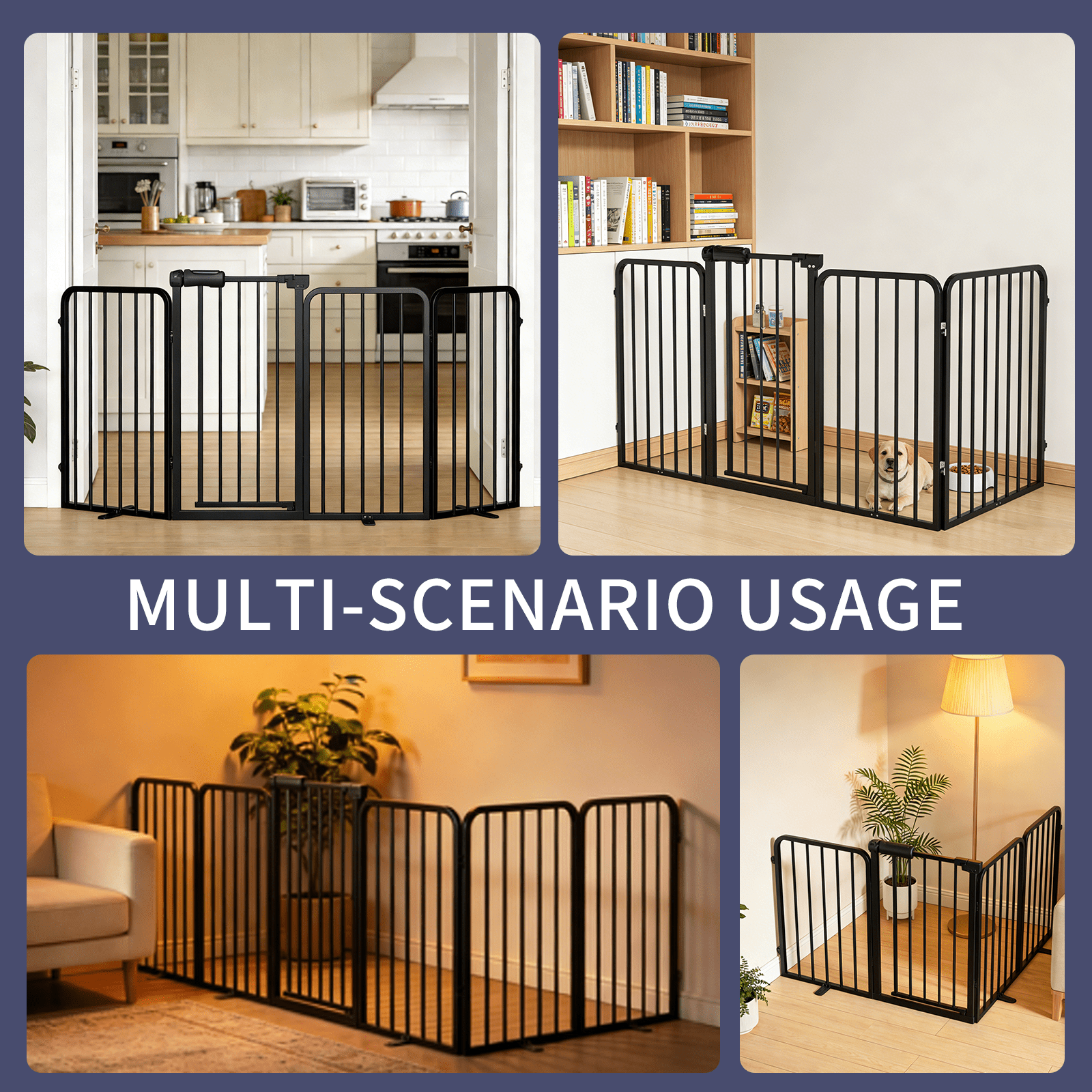 4-Panel Dog Gate with Door Freestanding Dual Lock Easy Open No Bend, 80in Adjustable for Doorway Stairs Metal