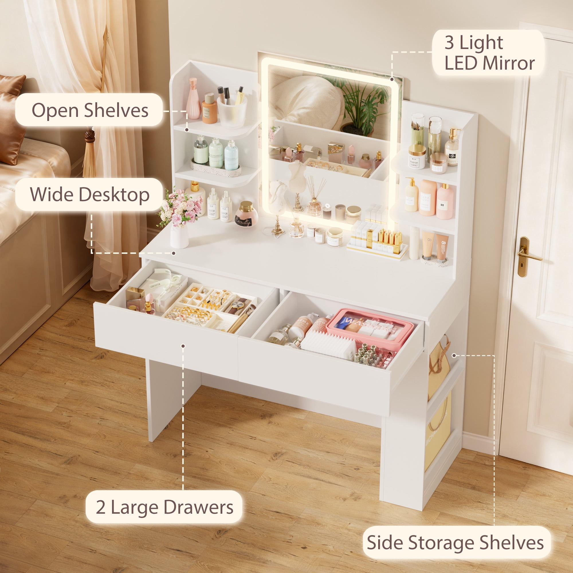Homall Vanity Desk with 3 Colors LED Lighted Mirror, Makeup Vanity with Storage Shelves and Drawers, Vanity Table Dressing Table for Bedroom, White