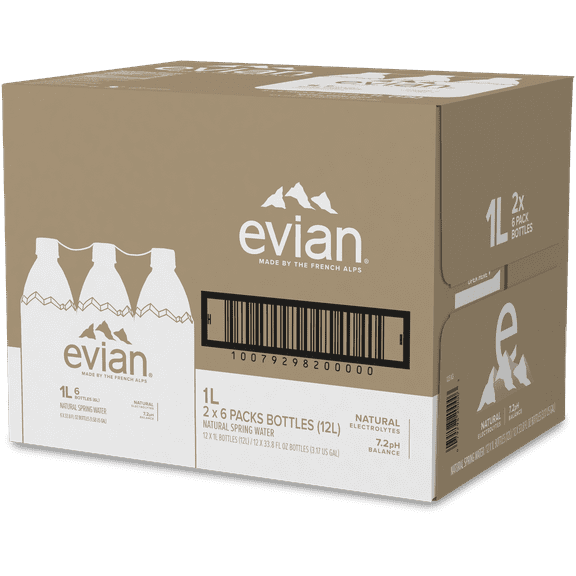 evian Natural Spring Drinking Water, 1 L, 12 Pack Bottles (2 Packs of 6)