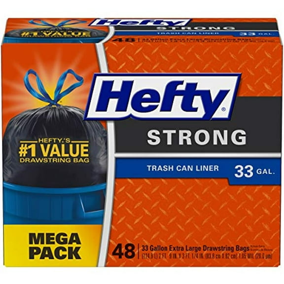 Hefty Strong Large Trash Can Liner Bags, 33 Gallon, 48 Count