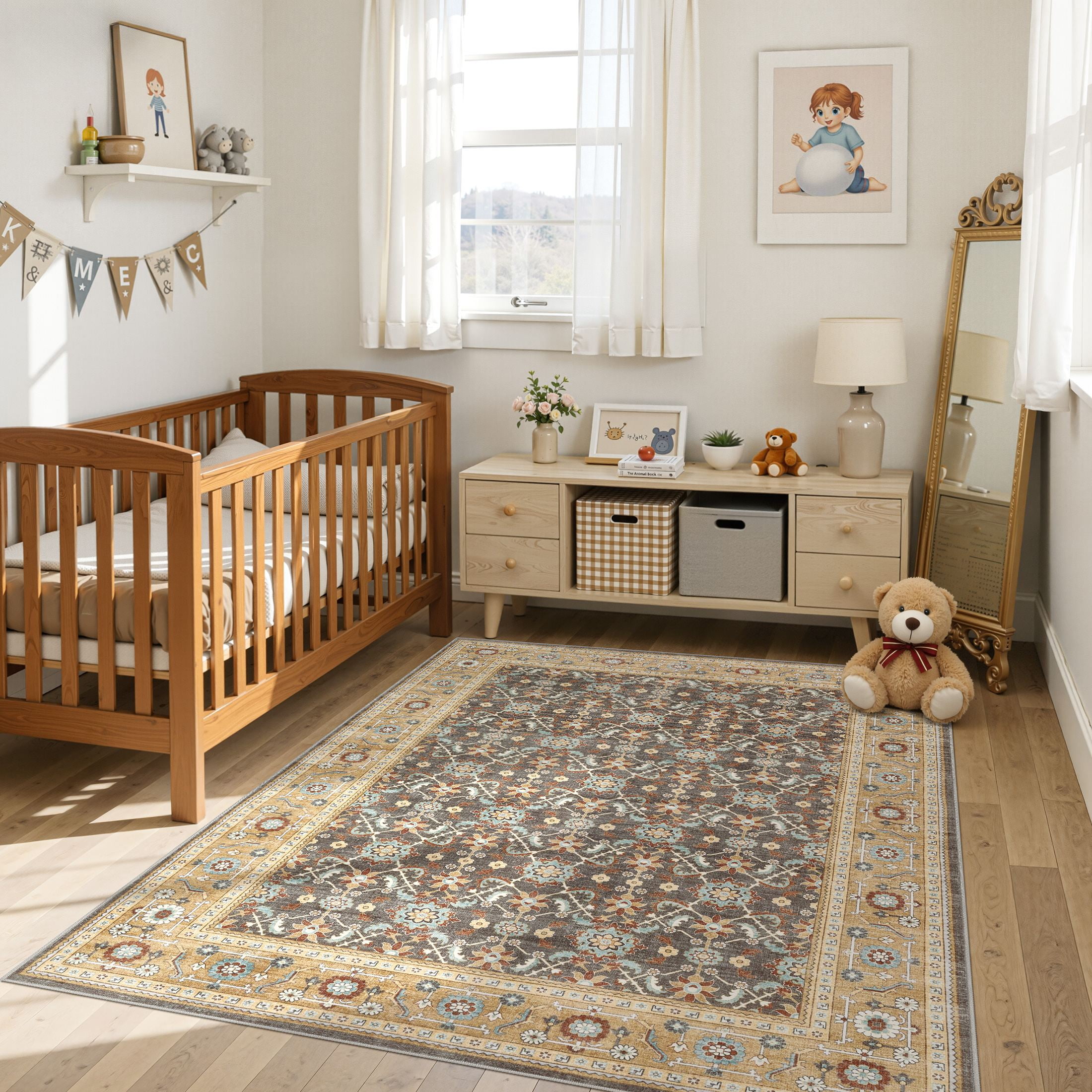 UERMEI 5'x7' Washable Area Rugs for Living Room, Vacuum Friendly, Non-Silp Low-Pile Rug for Bedroom, Boho Home Decor Carpets, Brown