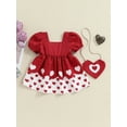thumbnail image 5 of Baby Toddler Girl Set, Short Sleeve Square Neck Heart Print 3D Bow Dress + Heart Shape Crossbody Bag for Party Wedding, 5 of 9