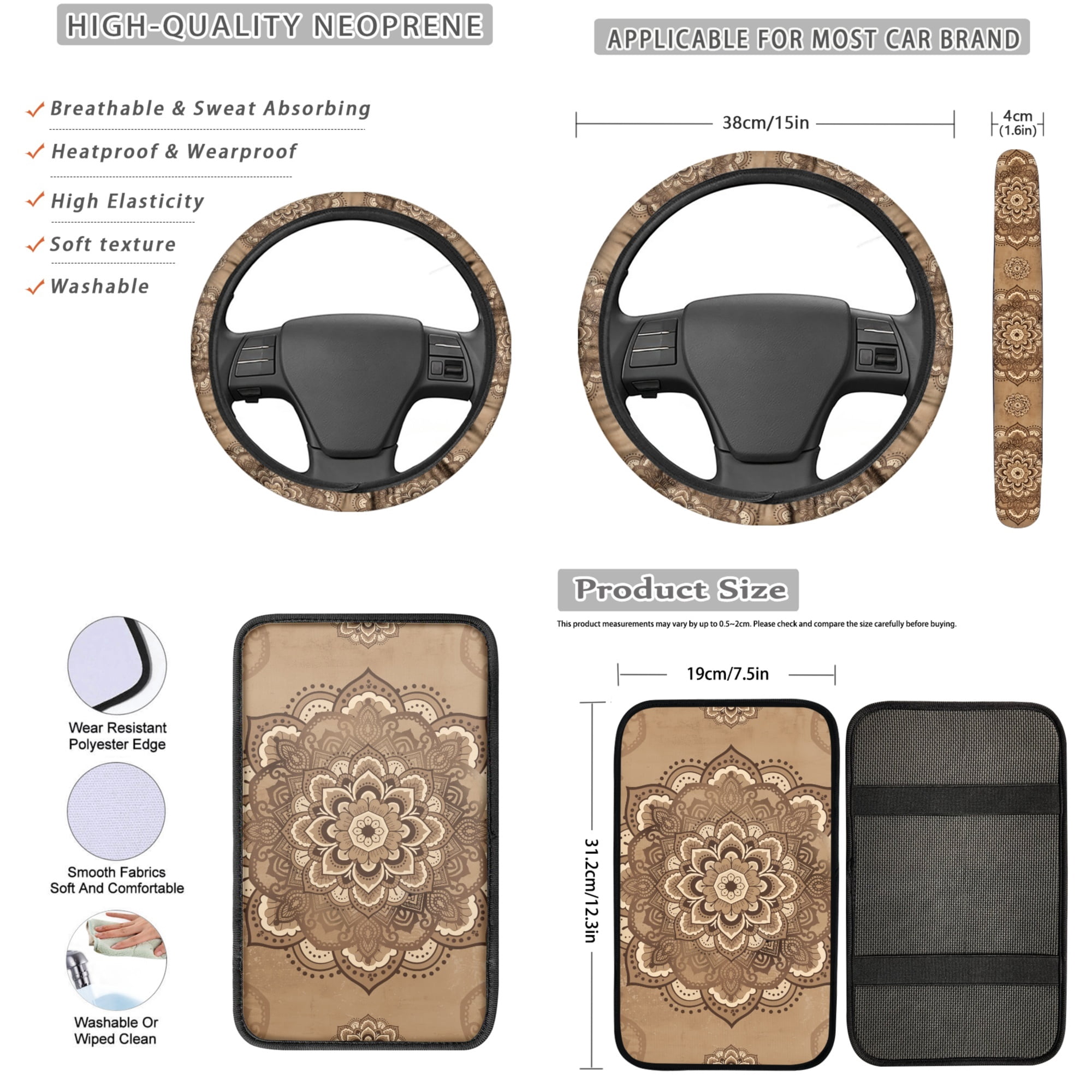 Jeiento 13 PCS Car Seat Cover Full Set, with Steering Wheel Cover Seat Belt Strap Cover Armrest Cushion Cup Coaster Keychain Lipstick Holder Auto Decor, Vintage Boho Mandala Print