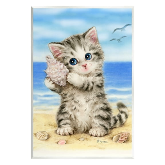 Stupell Industries Kitten with Conch Shell Animals & Insects Painting Unframed Art Print Wall Art, 10 x 15