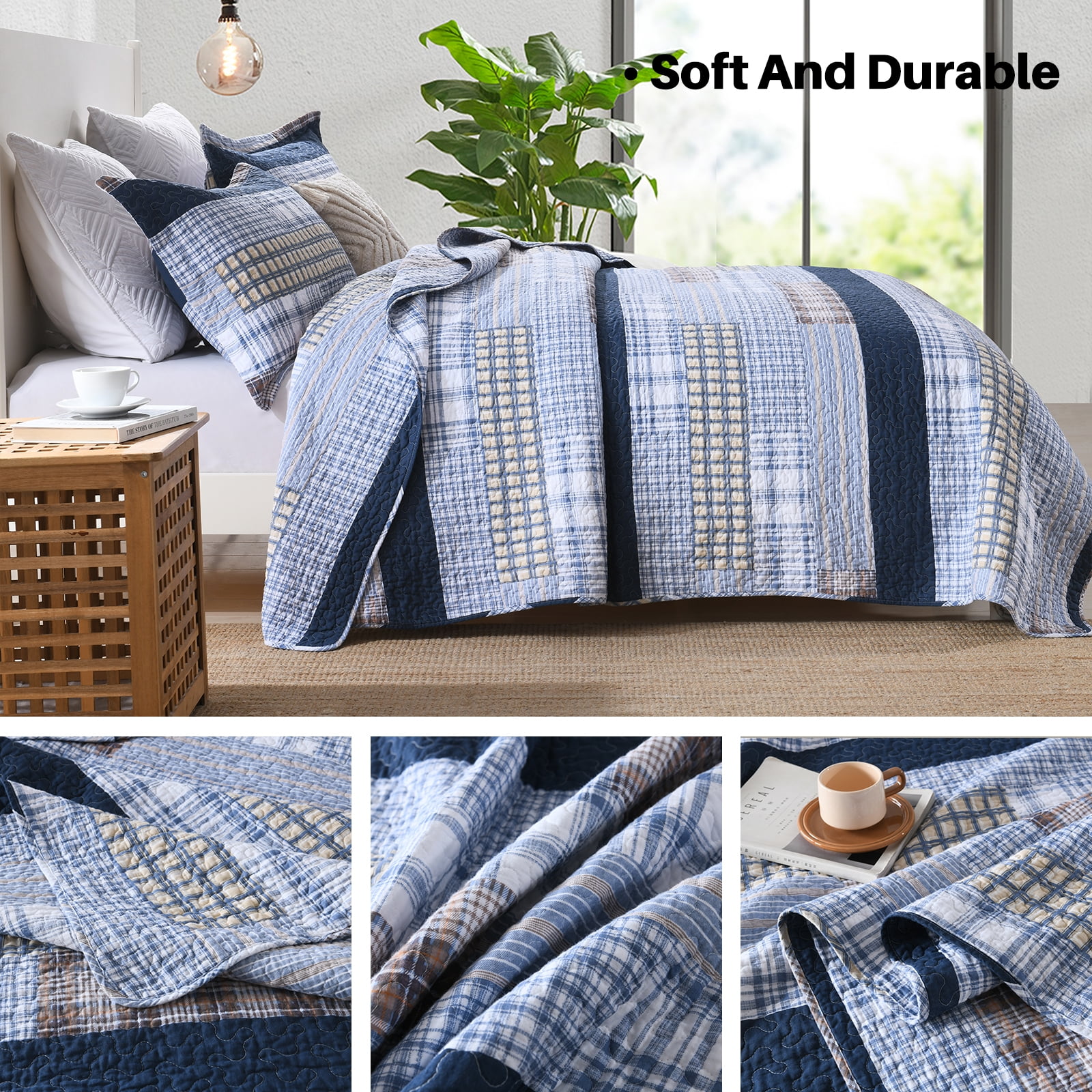 Bedduvit Navy Blue Cotton Quilt Queen - 100% Cotton Patchwork Plaid Striped Quilts for Queen Beds, Lightweight Reversible Modern Farmhouse Bedspread Quilt Set, 3-Piece All-Season Quilt Bedding Set