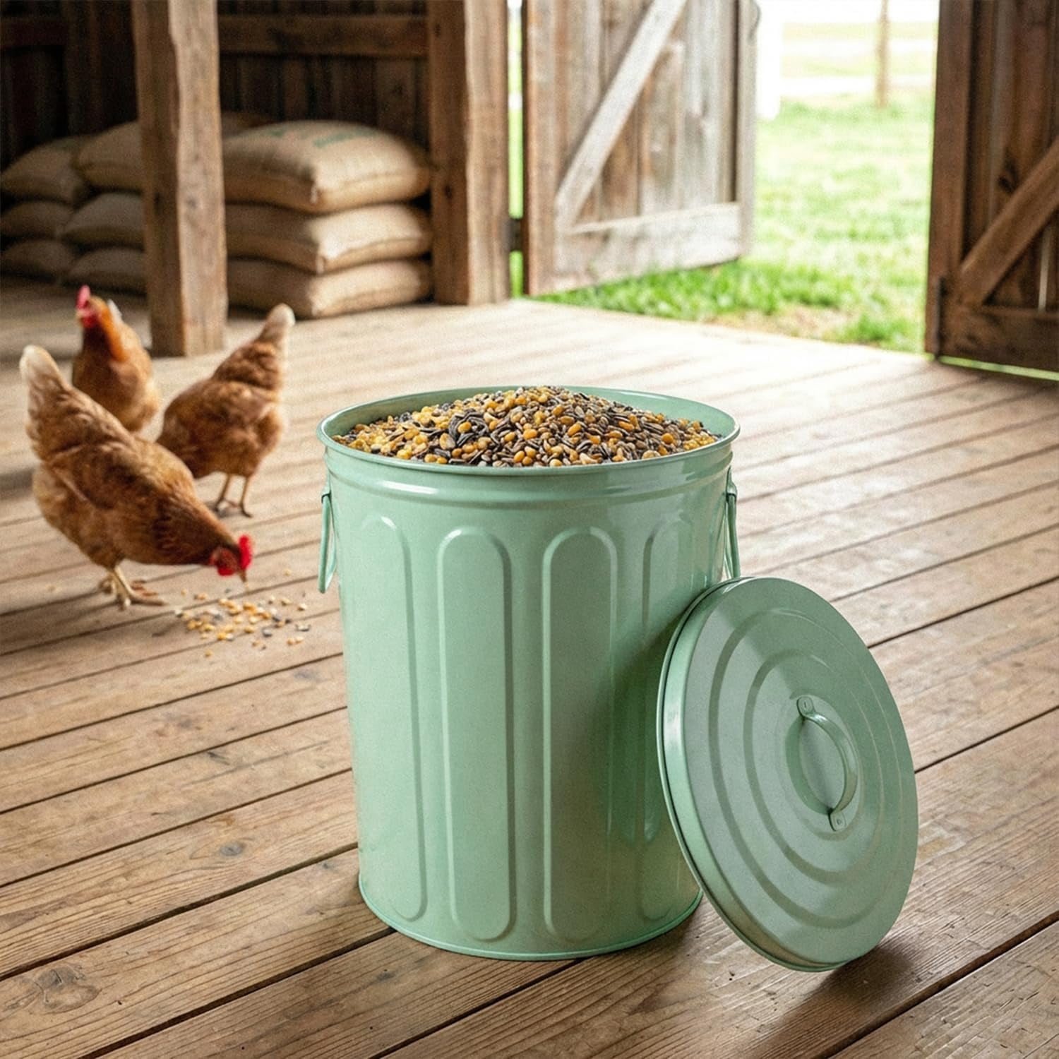 Neatifyes 5 Gallon Small Metal Trash Can with Lid Outdoor Galvanized Steel Bucket with Lid 5 Gal Storage Can for Dog Food Bird Seed Storage Container Rodent Pet Proof, Green