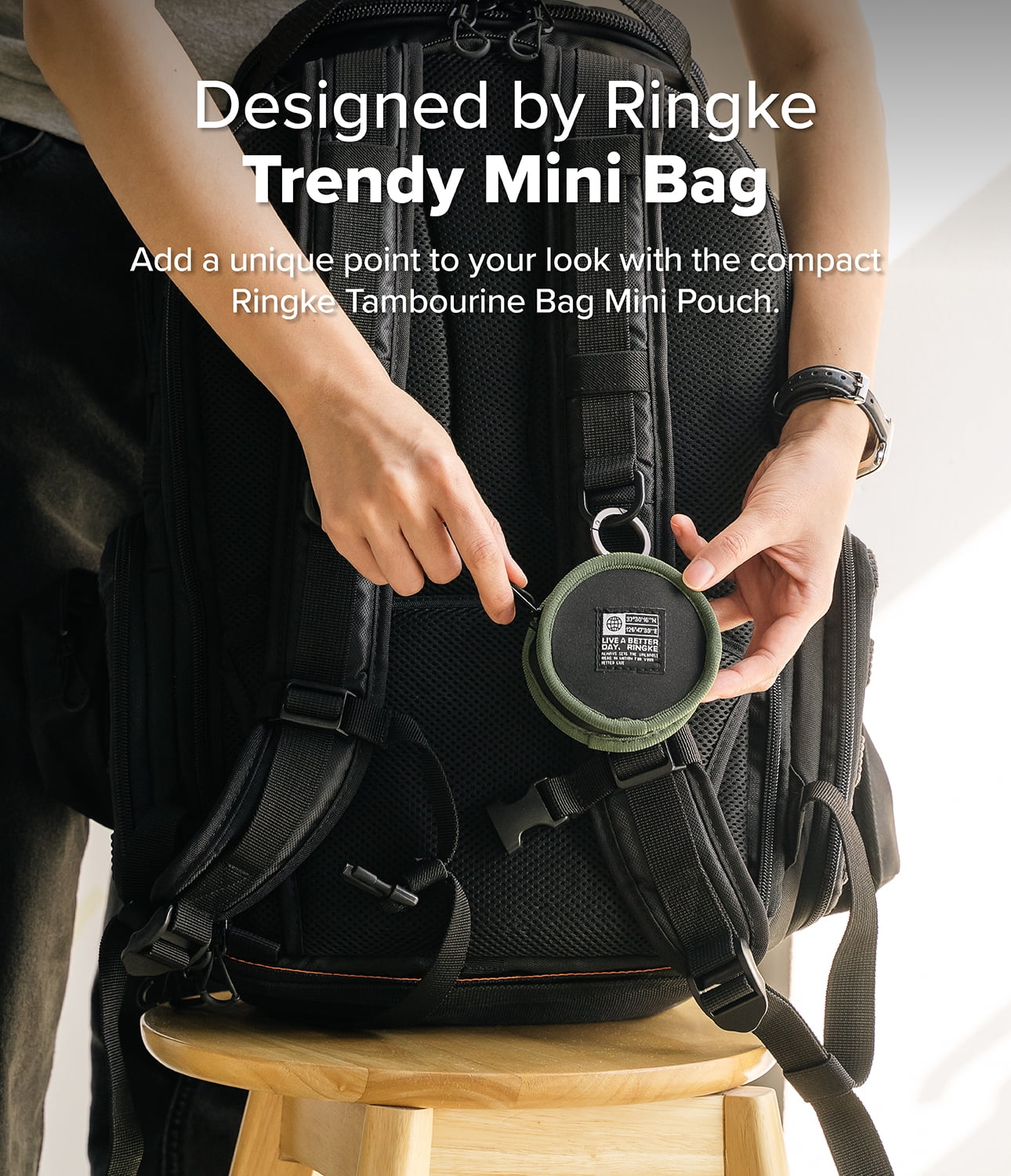 Ringke Tambourine Bag for Universal Earphone AirPods Pro Galaxy Buds Cards, Durable Small Round Carrying Mini Pouch with Key Ring Accessories - Olive Green