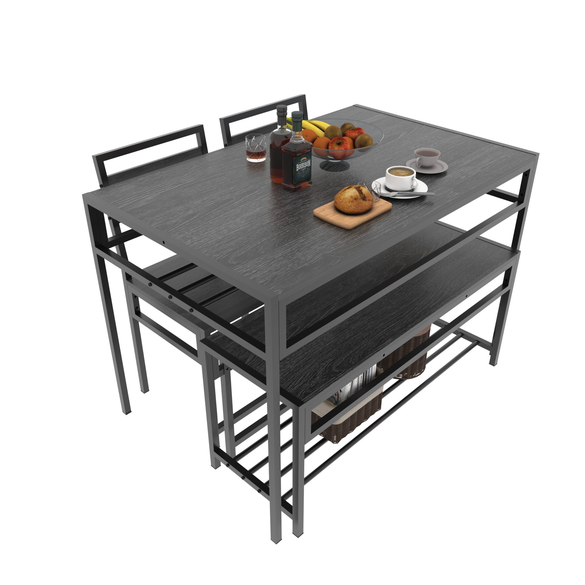 HOQBN 5 Piece Industrial Dining Table Set with 2 Dining Chairs & 1 Storage Bench,Wood Grain Rectangular Kitchen Table with Built-in Wine Rack, Metal Frame Space Saving Dinner Furniture