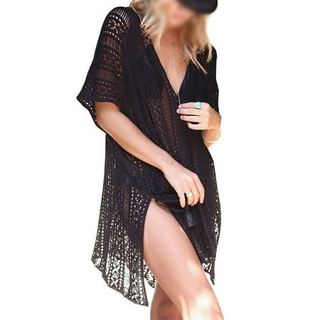 Womens Cover-ups Bohemian Knit Crochet Swim Bikini Tunic Beach Dress Tops with Tassels Summer Beachwear Bathing