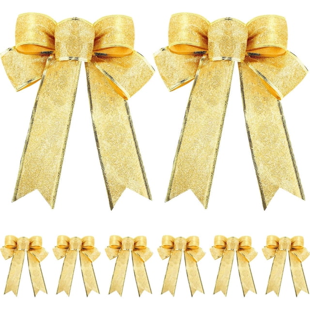 10 lazos de cinta con purpurina para árbol de Navidad, adornos colgantes para árbol de Navidad para decoraciones navideñas (dorado)