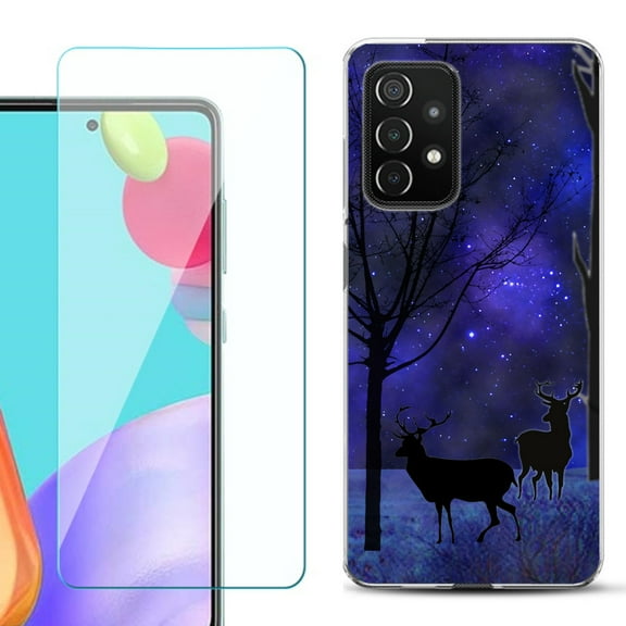 Slim-Fit Flexible Gel TPU Phone Case compatible with Samsung Galaxy A52 5G, with Tempered Glass Screen Protector, by OneToughShield ® - Midnight Forest