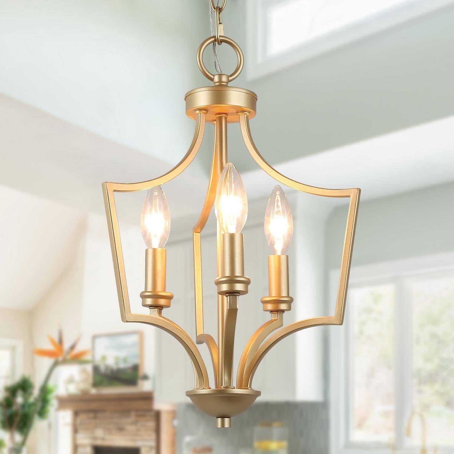 LNC 12" Gold Mini Chandelier with 3 Candles and Adjustable Chain, E12 Base, Indoor Dry Use