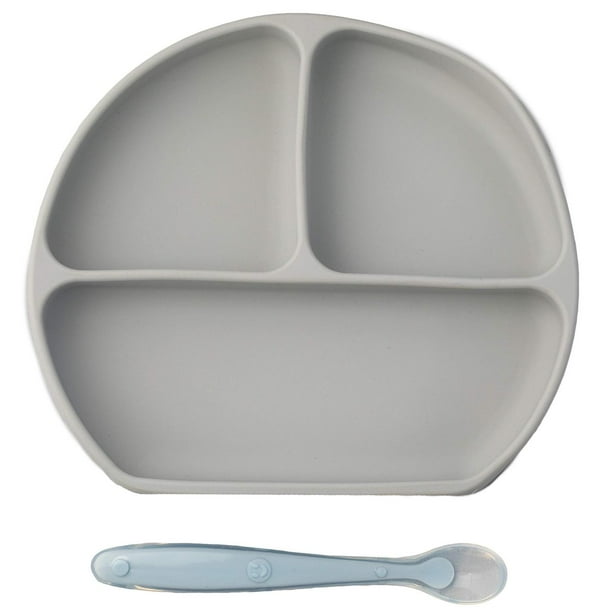 Plato con Divisiones PAPU BABY Gris Claro con Cuchara de Silicón de Grado Alimenticio para Bebés