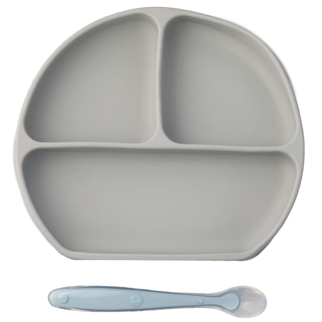 Plato con Divisiones PAPU BABY Gris Claro con Cuchara de Silicón de Grado Alimenticio para Bebés