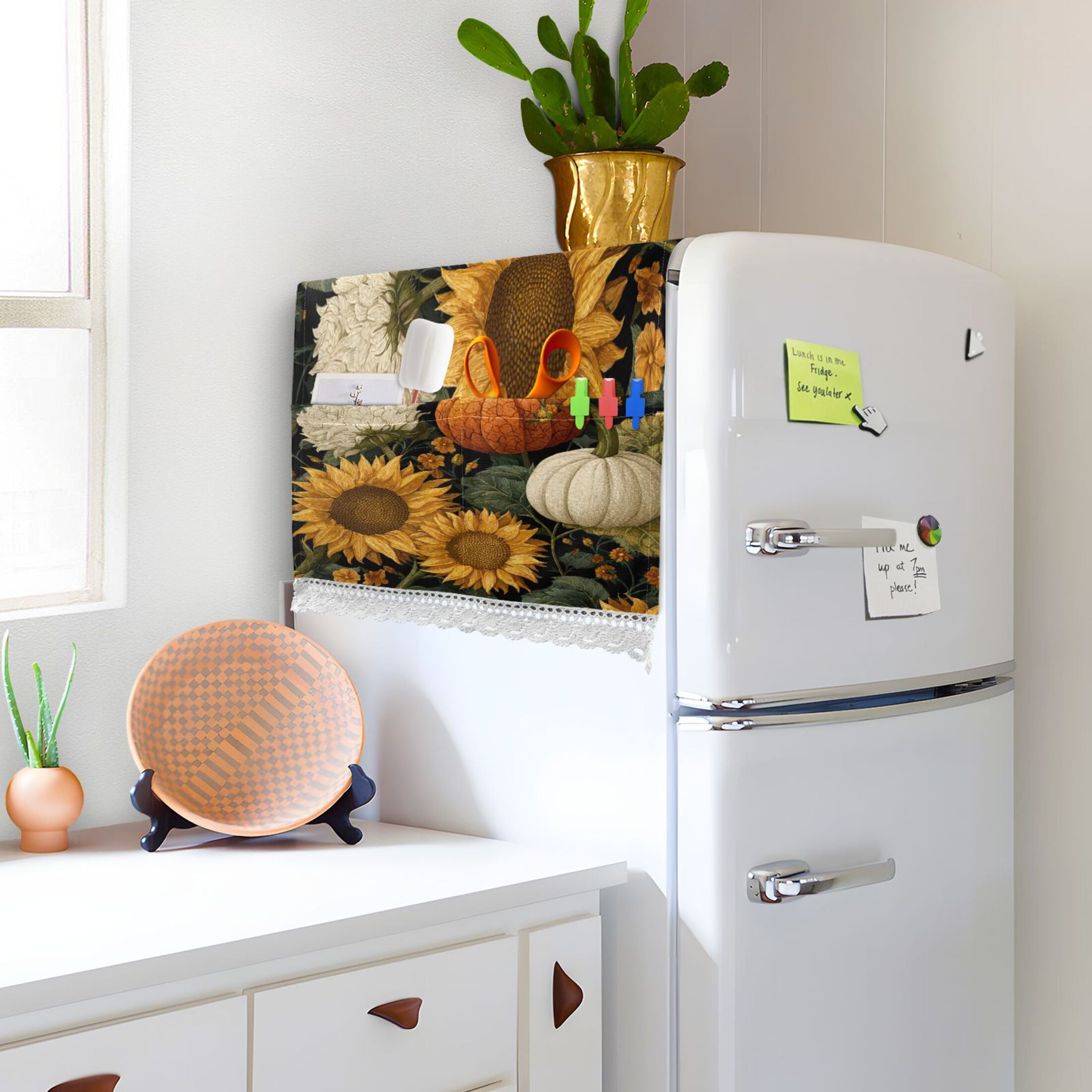 Dustproof Washing Machine Cloth Washer and Dryer Top Covers, Fridge Dust Cover, With Storage Bags Pumpkins and Sunflowers Pattern