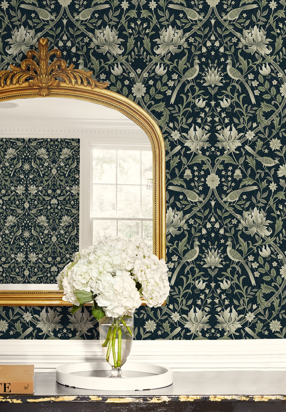 NextWall Blue & Sage Vintage Bird Ogee Peel and Stick Wallpaper - 20.5 in. W x 18 ft. L Roll