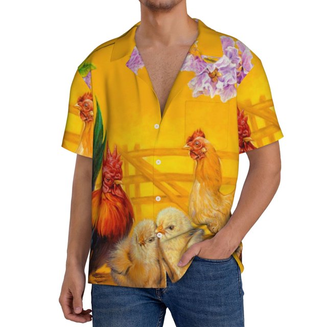 Balery The Chicken Family Camisa Casual de Manga Corta con Botones para Hombre, Texturizada, Estilo Cubano, para Playa, Verano-X-Large